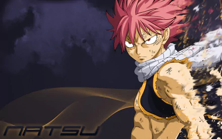 HD PC desktop wallpaper: Natsu Dragneel (Anime, Fairy Tail) — pink-haired fire mage with scarf, scarred arm and burning embers against a smoky dark background.