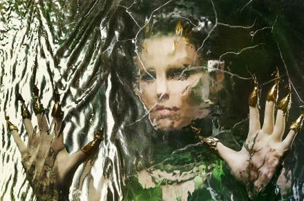 Elizabeth Banks portrayed Rita Repulsa in the 2017 Power Rangers movie. This 4K Ultra HD desktop wallpaper features her striking character against a unique, distorted background.