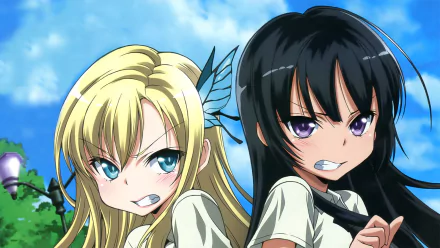 A dynamic HD wallpaper featuring Yozora Mikazuki and Sena Kashiwazaki from the anime Boku Wa Tomodachi Ga Sukunai, showcasing their fierce expressions against a bright sky backdrop.
