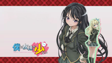 HD anime wallpaper featuring Sena Kashiwazaki and Yozora Mikazuki from Boku Wa Tomodachi Ga Sukunai, with a red checkered border background.