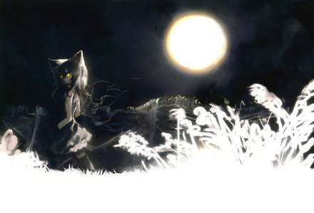Anime-style original HD desktop wallpaper featuring a dark, mysterious figure with glowing eyes under a bright full moon, surrounded by illuminated plants.