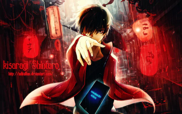 A vibrant HD anime wallpaper featuring Shintaro Kisaragi from the Kagerou Project, set against a backdrop of red lanterns and a rain-soaked urban environment.