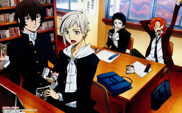 Anime characters from Bungou Stray Dogs gather in a library setting, enjoying their time together. This vibrant 8K Ultra HD wallpaper captures their lively expressions and camaraderie.