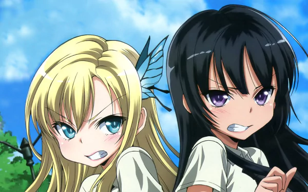 A dynamic HD wallpaper featuring Yozora Mikazuki and Sena Kashiwazaki from the anime Boku Wa Tomodachi Ga Sukunai, showcasing their fierce expressions against a bright sky backdrop.