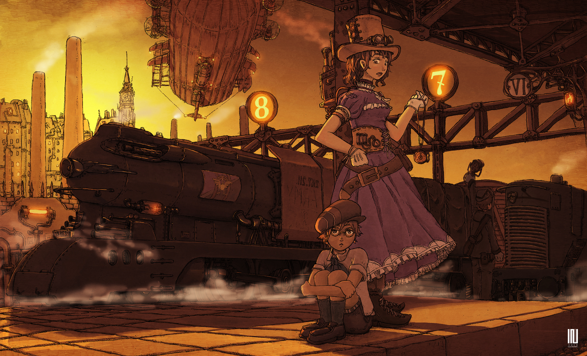 Anime steampunk HD PC desktop wallpaper/background — two young characters in vintage attire beside a steaming locomotive and hovering airship at dusk, bathed in golden-orange city light.