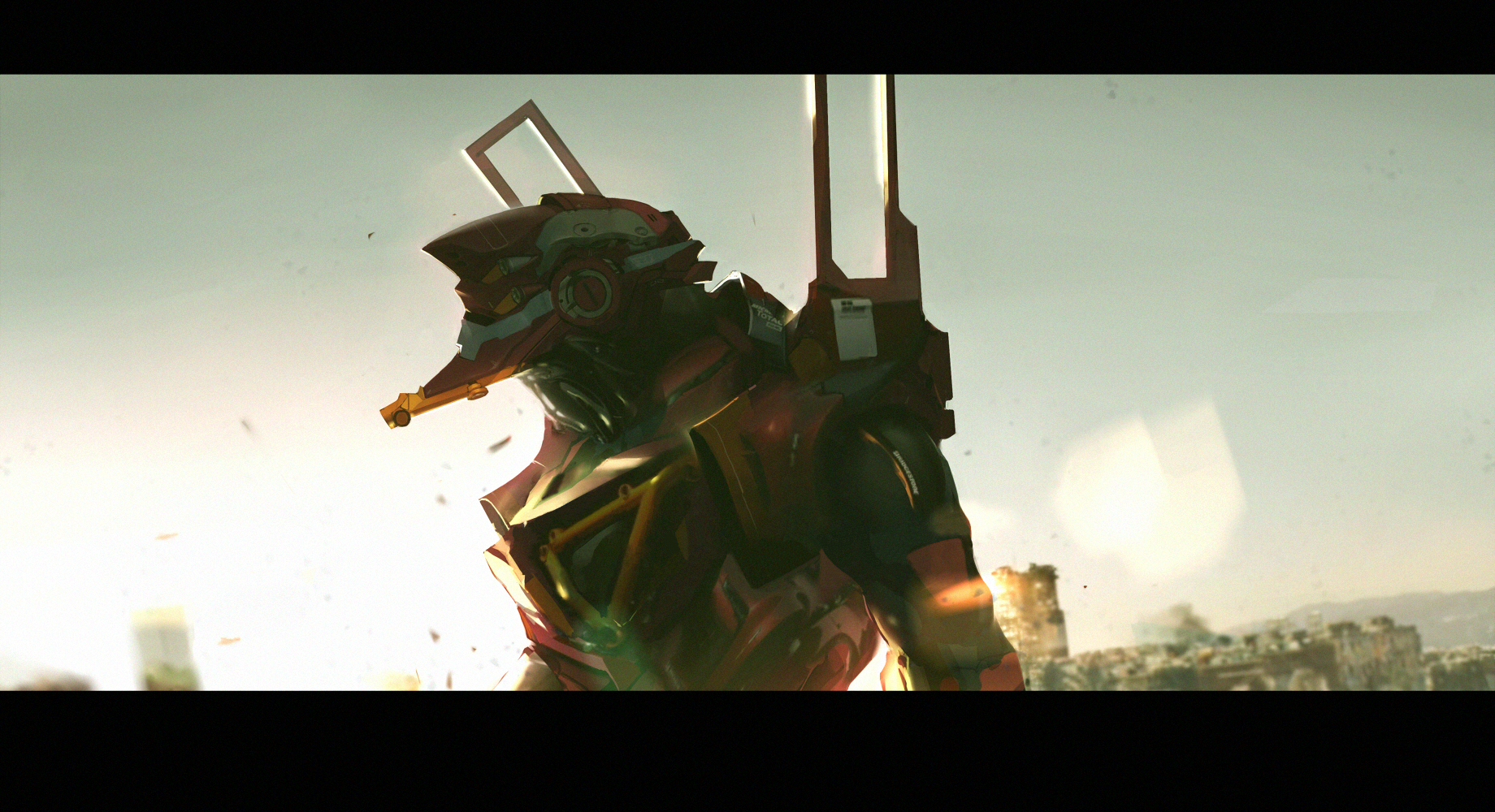 HD PC desktop wallpaper featuring a detailed anime-style mecha from Neon Genesis Evangelion, set against a hazy, softly lit cityscape background.