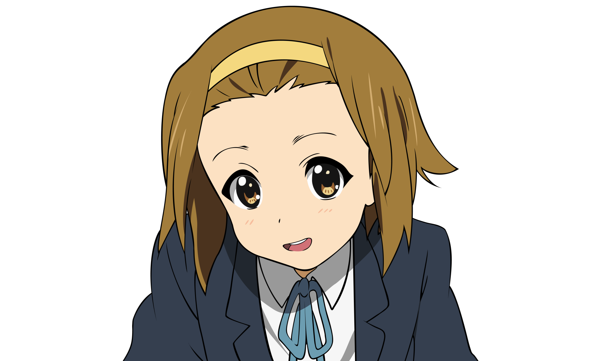 Anime-style portrait of a smiling K-ON! character with light brown hair and a headband, rendered as a 4K Ultra HD PC desktop wallpaper background.