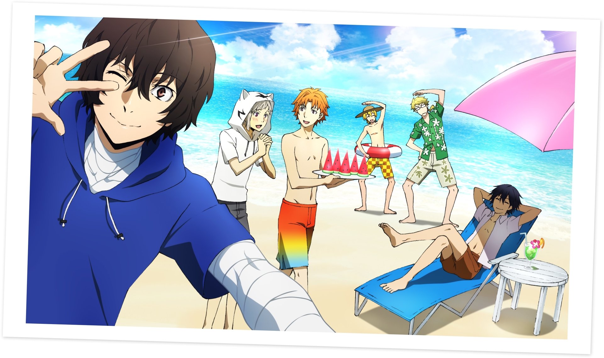 Anime-style 4K UHD desktop wallpaper from Bungou Stray Dogs featuring characters enjoying a sunny beach day with vibrant colors and detailed backgrounds.