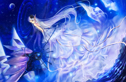 Anime original HD PC desktop wallpaper of a long-haired girl in a flowing white gown drifting through a blue cosmic expanse of crystalline petals, ribbons and swirling starlight.
