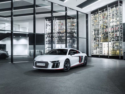 A striking white Audi R8 V10 showcases its sleek design in a modern setting, complemented by an artistic backdrop of glass shelves filled with collectibles. A stunning HD wallpaper.