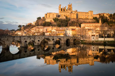 building reflection Beziers bridge river house France man made town HD Desktop Wallpaper | Background Image