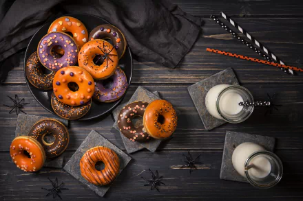 A 4K Ultra HD still life featuring Halloween-themed doughnuts with orange and purple icing, candy decorations, black plastic spiders, and glasses of milk on a dark wooden background.