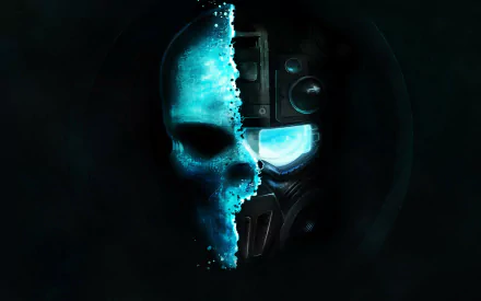 A striking HD wallpaper from Tom Clancy's Ghost Recon: Future Soldier, featuring a skull split with a futuristic soldier's mask, set against a dark backdrop.