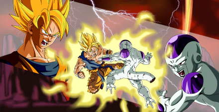 HD Dragon Ball Z desktop wallpaper featuring Super Saiyan Goku and Frieza in an intense battle scene from the anime.