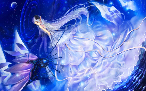 Anime original HD PC desktop wallpaper of a long-haired girl in a flowing white gown drifting through a blue cosmic expanse of crystalline petals, ribbons and swirling starlight.