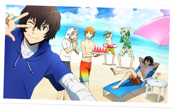 Anime-style 4K UHD desktop wallpaper from Bungou Stray Dogs featuring characters enjoying a sunny beach day with vibrant colors and detailed backgrounds.