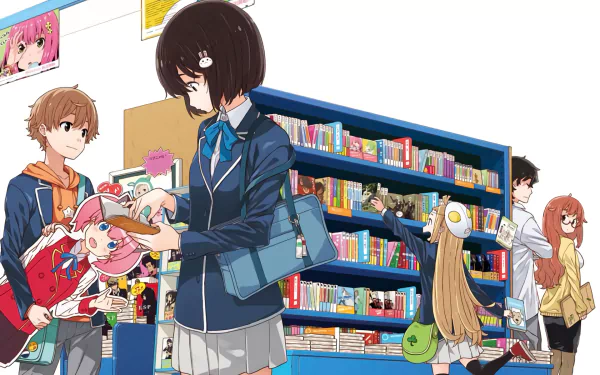 A colorful scene from *Kono Bijutsubu ni wa Mondai ga Aru!* featuring characters Yumeko Tachibana, Collette, Subaru Uchimaki, and Mizuki Usami in a vibrant bookstore setting.