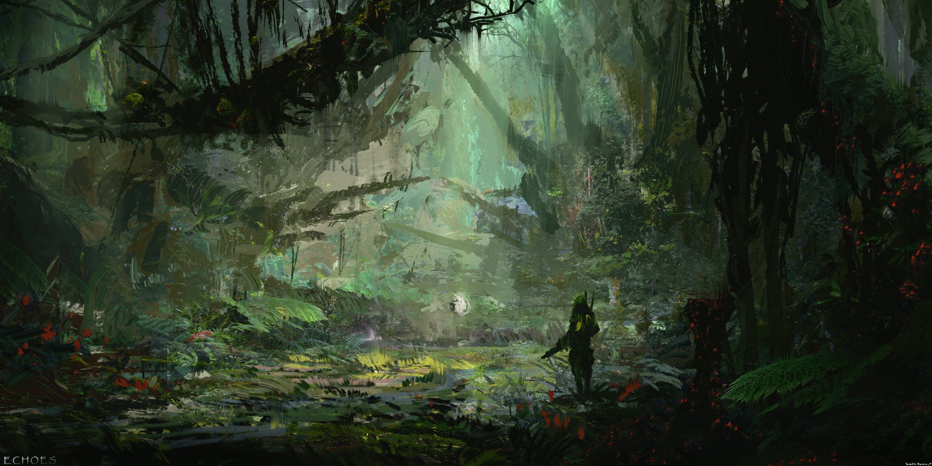 HD fantasy PC wallpaper depicting a lone soldier standing in a dense, mystical forest bathed in ethereal light filtering through tall trees.