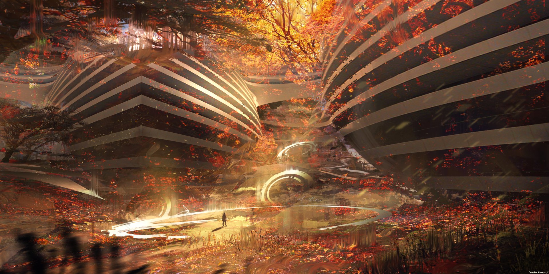 HD fantasy forest desktop wallpaper featuring glowing curved structures amid autumn foliage and a winding path through a mystical woodland scene.