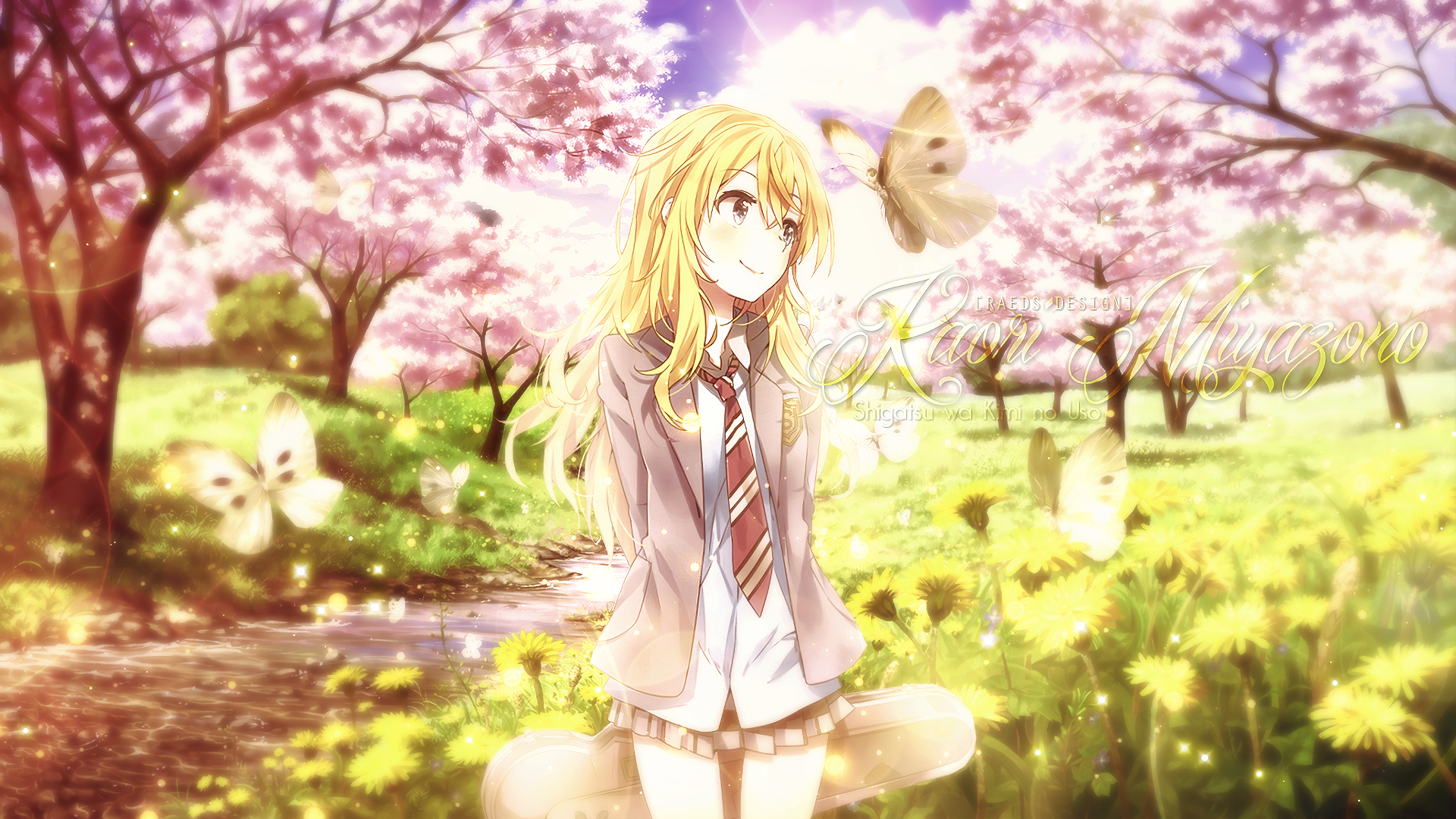A vibrant HD wallpaper featuring Kaori Miyazono from Your Lie in April, surrounded by blooming cherry blossoms and butterflies, exuding a serene and joyful atmosphere.