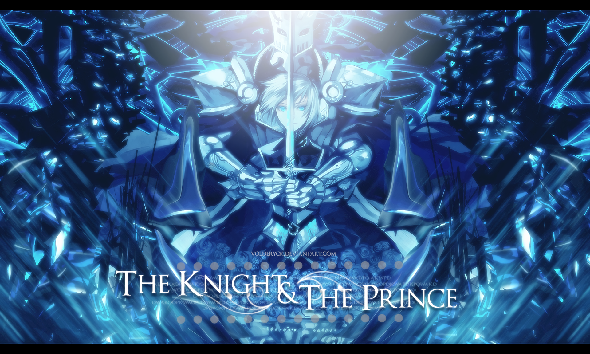 Anime original HD PC desktop wallpaper showing an armored knight and prince holding a glowing sword amid blue crystalline reflections; title The Knight & The Prince.