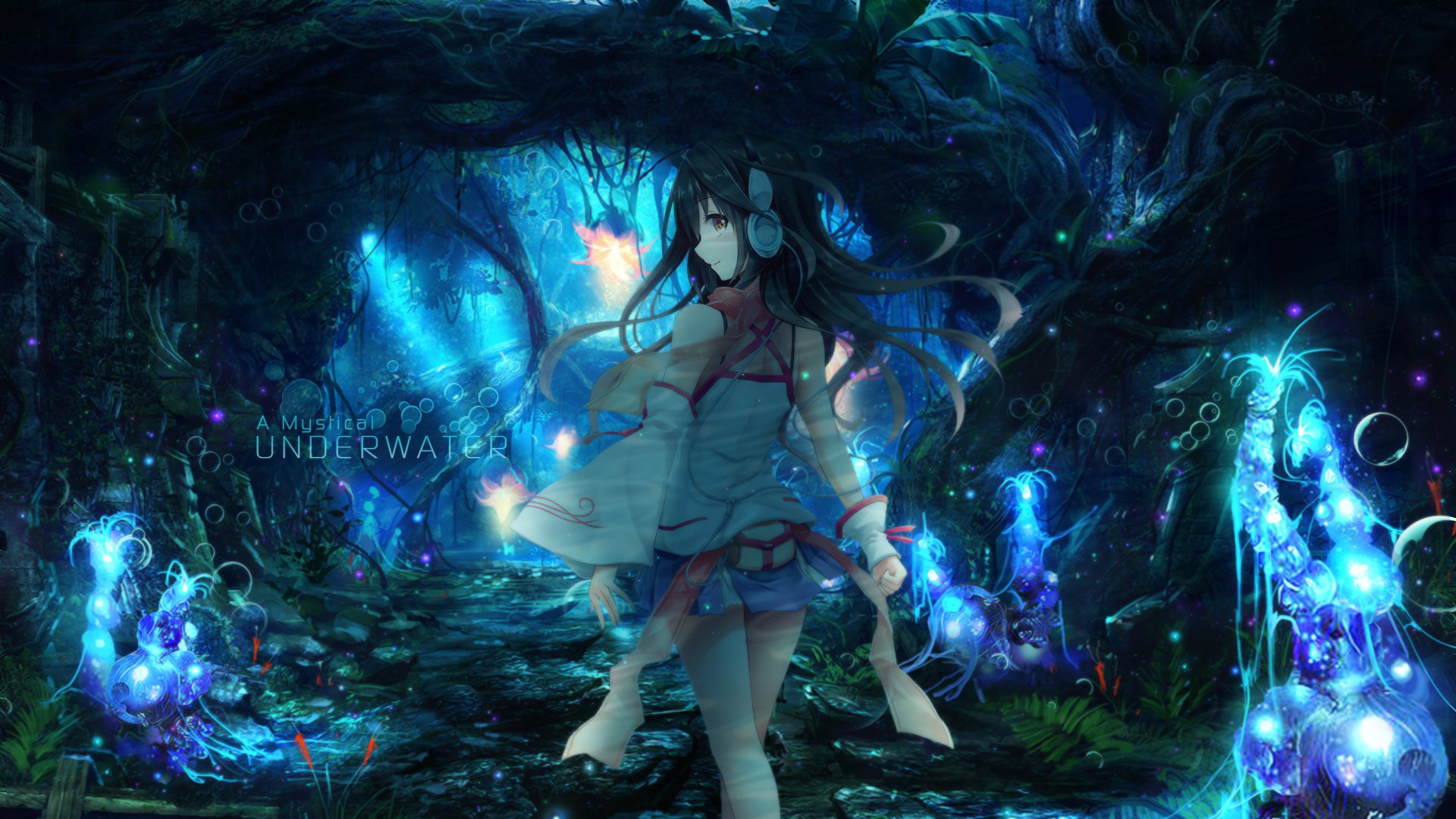 A vibrant anime scene featuring a character surrounded by glowing plants in a mystical forest setting, designed as an HD desktop wallpaper and background.