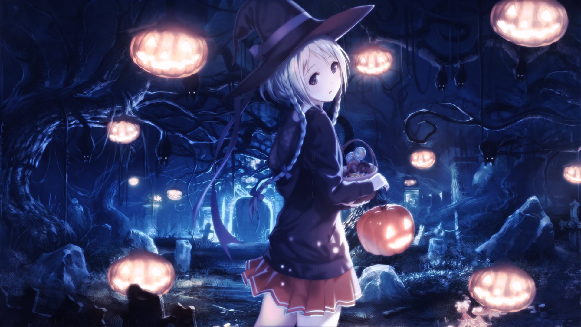 A captivating anime wallpaper featuring a girl in a witch hat amidst a mystical, pumpkin-lit forest, showcasing vibrant colors and an enchanting atmosphere.