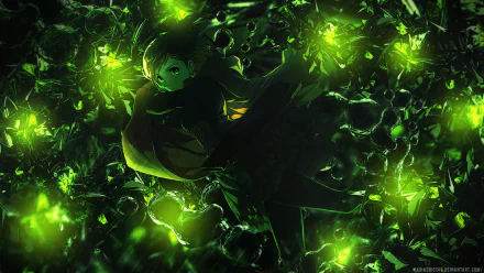 HD PC desktop wallpaper featuring Ruby Rose from the anime RWBY, surrounded by glowing green effects and dark, atmospheric elements.