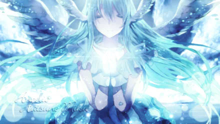 HD PC desktop wallpaper featuring Hatsune Miku from Vocaloid in a glowing, ethereal anime style with flowing turquoise hair and serene expression.