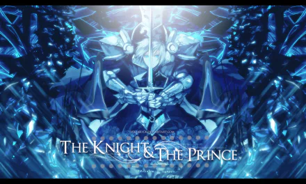 Anime original HD PC desktop wallpaper showing an armored knight and prince holding a glowing sword amid blue crystalline reflections; title The Knight & The Prince.