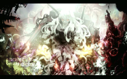 HD anime Kantai Collection desktop wallpaper featuring a glowing character with long white hair and red eyes amidst a dark, fiery, and chaotic background.