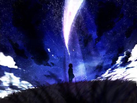 A stunning HD wallpaper featuring Mitsuha Miyamizu from Your Name. against a celestial backdrop, showcasing a comet and star-filled sky, evoking a sense of wonder and beauty.