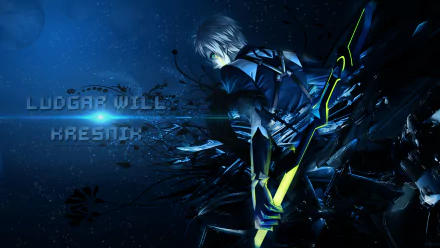Video game HD PC desktop wallpaper from Tales of Xillia: blue-toned hero with a glowing yellow-green blade amid shattered glass shards and the game's logo.