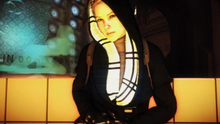 Hooded cyberpunk figure with glowing chest augment leans on an illuminated counter — 4K Ultra HD PC desktop wallpaper background from the video game Deus Ex: Mankind Divided.