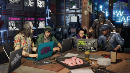 A vibrant HD desktop wallpaper from *Watch Dogs 2*, showcasing a diverse group of characters collaborating in a tech-filled space, with donuts and laptops prominently featured.