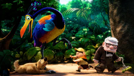 A vibrant scene from Up featuring Carl Fredricksen, Russell, Dug, and a colorful bird amidst lush greenery, captured in a high-definition wallpaper.