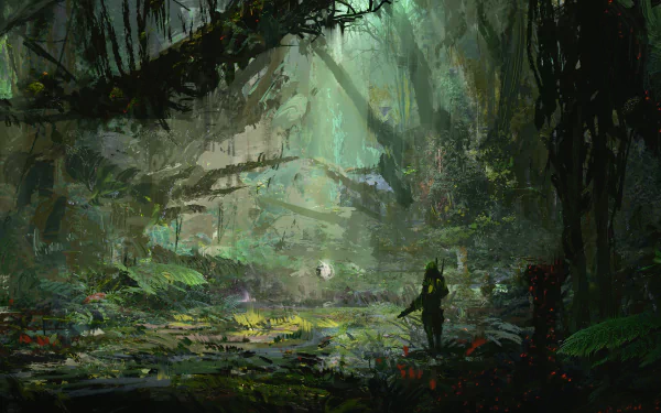 HD fantasy PC wallpaper depicting a lone soldier standing in a dense, mystical forest bathed in ethereal light filtering through tall trees.