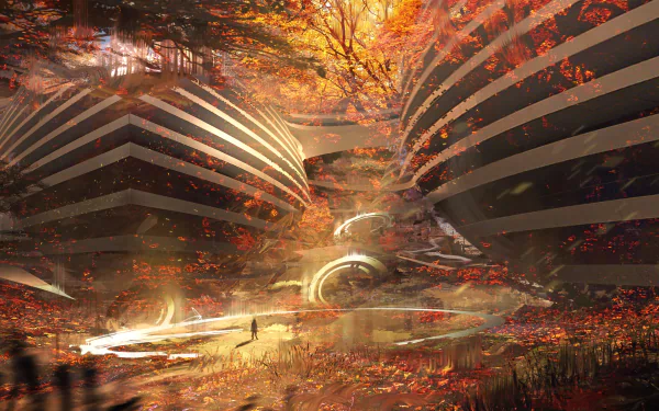 HD fantasy forest desktop wallpaper featuring glowing curved structures amid autumn foliage and a winding path through a mystical woodland scene.