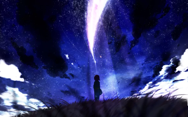A stunning HD wallpaper featuring Mitsuha Miyamizu from Your Name. against a celestial backdrop, showcasing a comet and star-filled sky, evoking a sense of wonder and beauty.