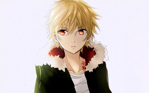 Yukine from Noragami appears with striking blonde hair and red eyes, wearing a stylish fur-trimmed jacket. This HD anime image serves as an engaging desktop wallpaper.