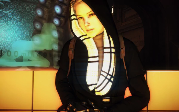 Hooded cyberpunk figure with glowing chest augment leans on an illuminated counter — 4K Ultra HD PC desktop wallpaper background from the video game Deus Ex: Mankind Divided.