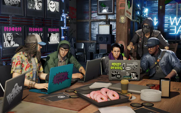 A vibrant HD desktop wallpaper from *Watch Dogs 2*, showcasing a diverse group of characters collaborating in a tech-filled space, with donuts and laptops prominently featured.