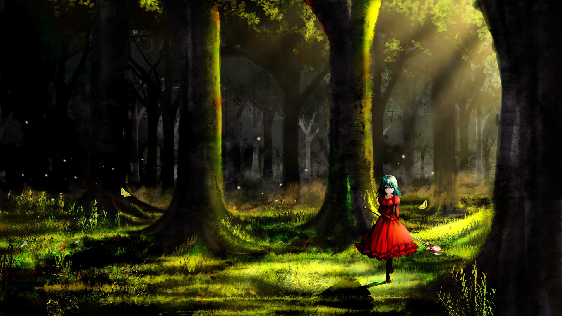 A serene anime scene in a lush forest, featuring a figure in a flowing red dress, illuminated by soft rays of sunlight filtering through the trees. HD wallpaper background.