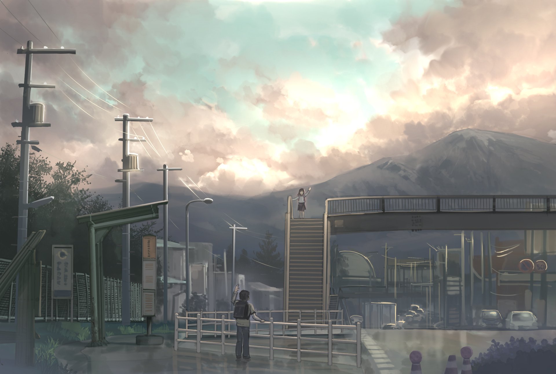 A serene anime landscape features a quiet street with power poles and a distant mountain under a cloudy sky, serving as a captivating HD PC desktop wallpaper and background.
