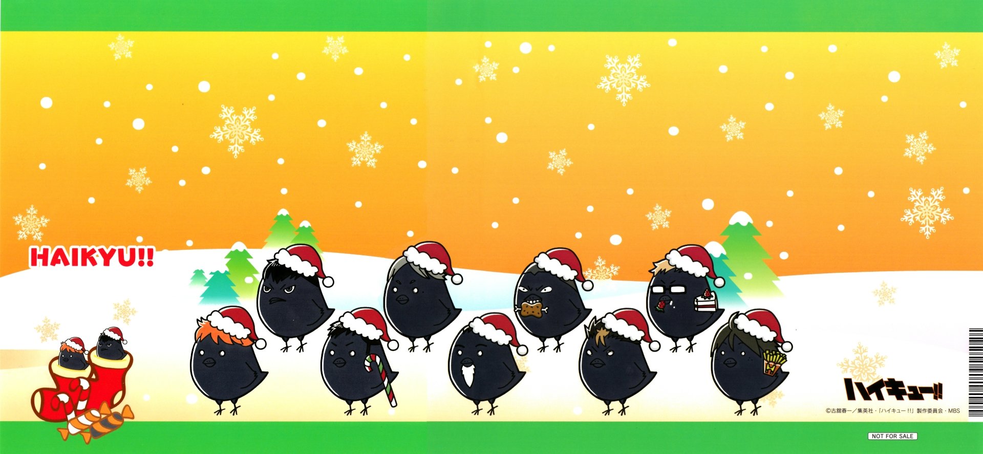 4K Ultra HD Anime Haikyū!! wallpaper featuring cute black bird characters wearing Santa hats against a snowy, festive orange and yellow gradient background.