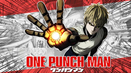 HD PC desktop wallpaper featuring Genos from One-Punch Man, showcasing anime action with dynamic pose and glowing energy in a vivid, intense background.