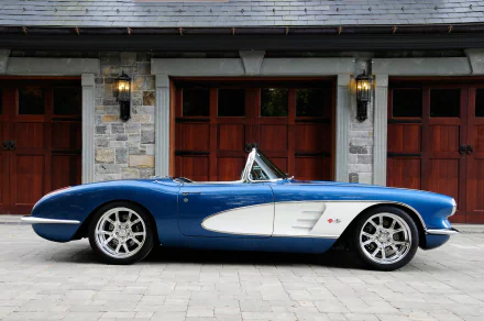 HD PC desktop wallpaper of a blue 1959 Chevrolet Corvette convertible vehicle — a classic hot rod muscle car parked before wooden garage doors
