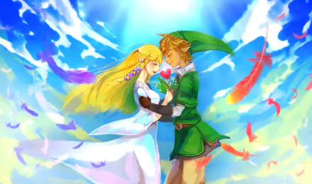 HD PC desktop wallpaper featuring Princess Zelda and Link from The Legend of Zelda: Skyward Sword, set against a vibrant sky with colorful feathers and bright sunlight.