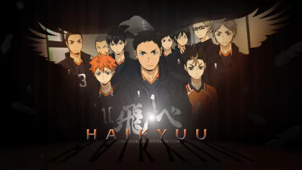 A striking HD desktop wallpaper featuring characters from the anime Haikyuu!!, showcasing a group of determined volleyball players in an intense, dynamic composition.