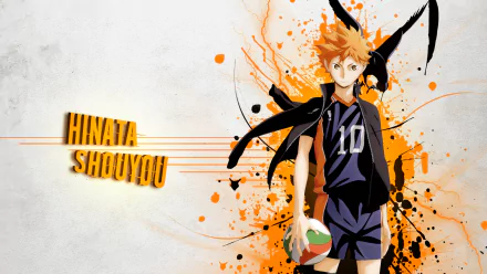 A vibrant HD wallpaper featuring Hinata Shouyou from the anime Haikyū!!, showcasing his energetic spirit with a volleyball and a dynamic orange splash background.